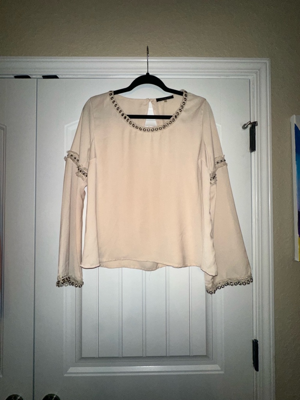 Lulumari Cream Eyelet-Trim Long Sleeve Blouse